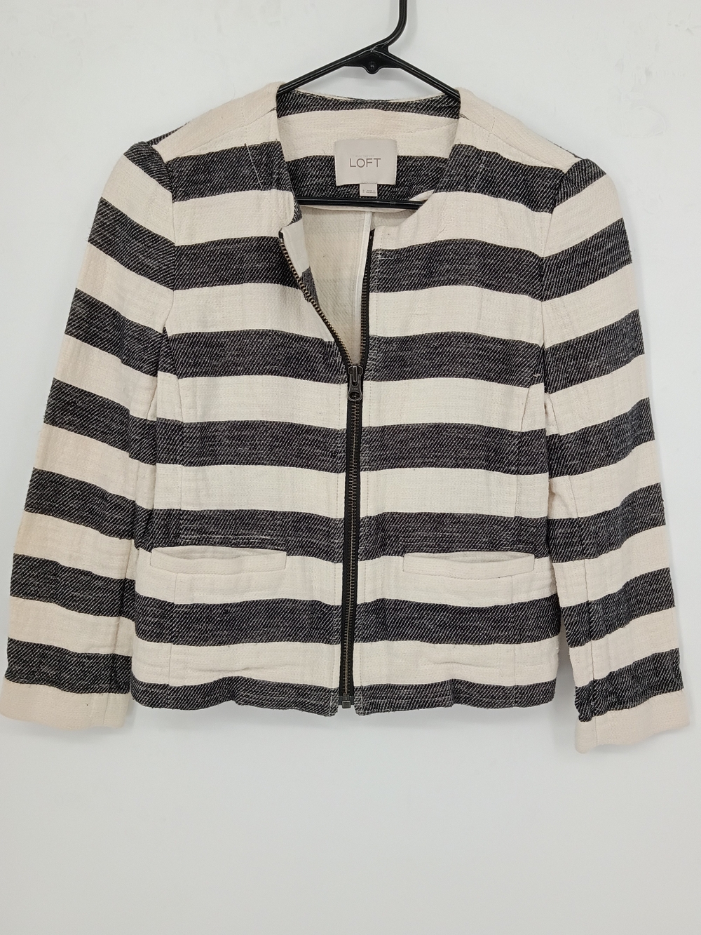 LOFT Black & Cream Striped Zip Blazer Jacket Size Xs Minimalist Business Casual